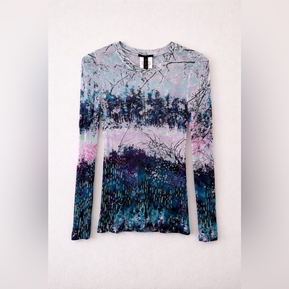 BCBGMaxAzria Abstract Print Long Sleeve Top Blue Purple Size XXS